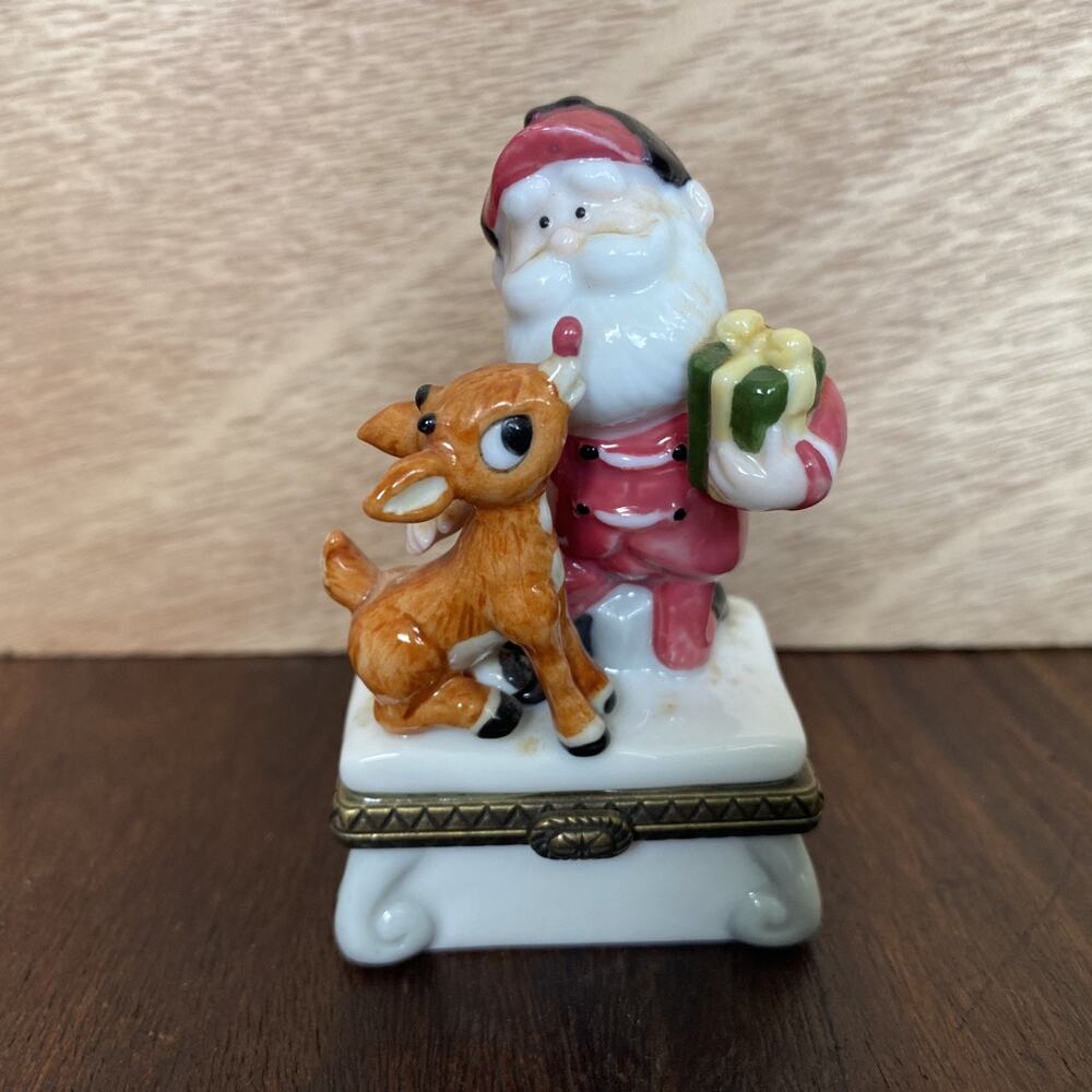 Midwest Of Cannon Falls Rudolph And Santa Trinket Box Vintage 1999 w/ Present